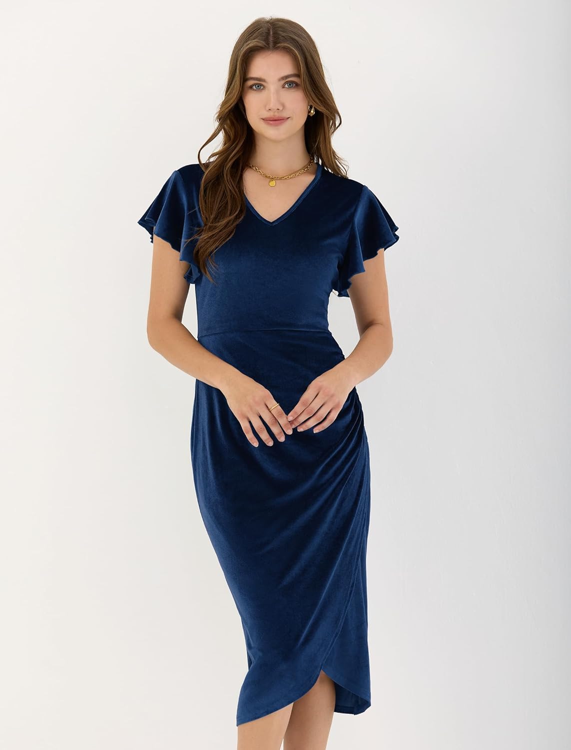 ZAFUL Velvet Dress for Women Wedding Guest Dress Ruffle Sleeve Ruched Bodycon Cocktail Party Dresses - Image 3