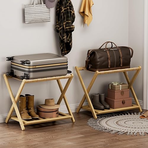 Miniatura 9 de Bastidores de equipaje totalmente montados, paquete de 2, soporte plegable de bambú de 26.77 pulgadas para habitación de invitados, 5 correas de
