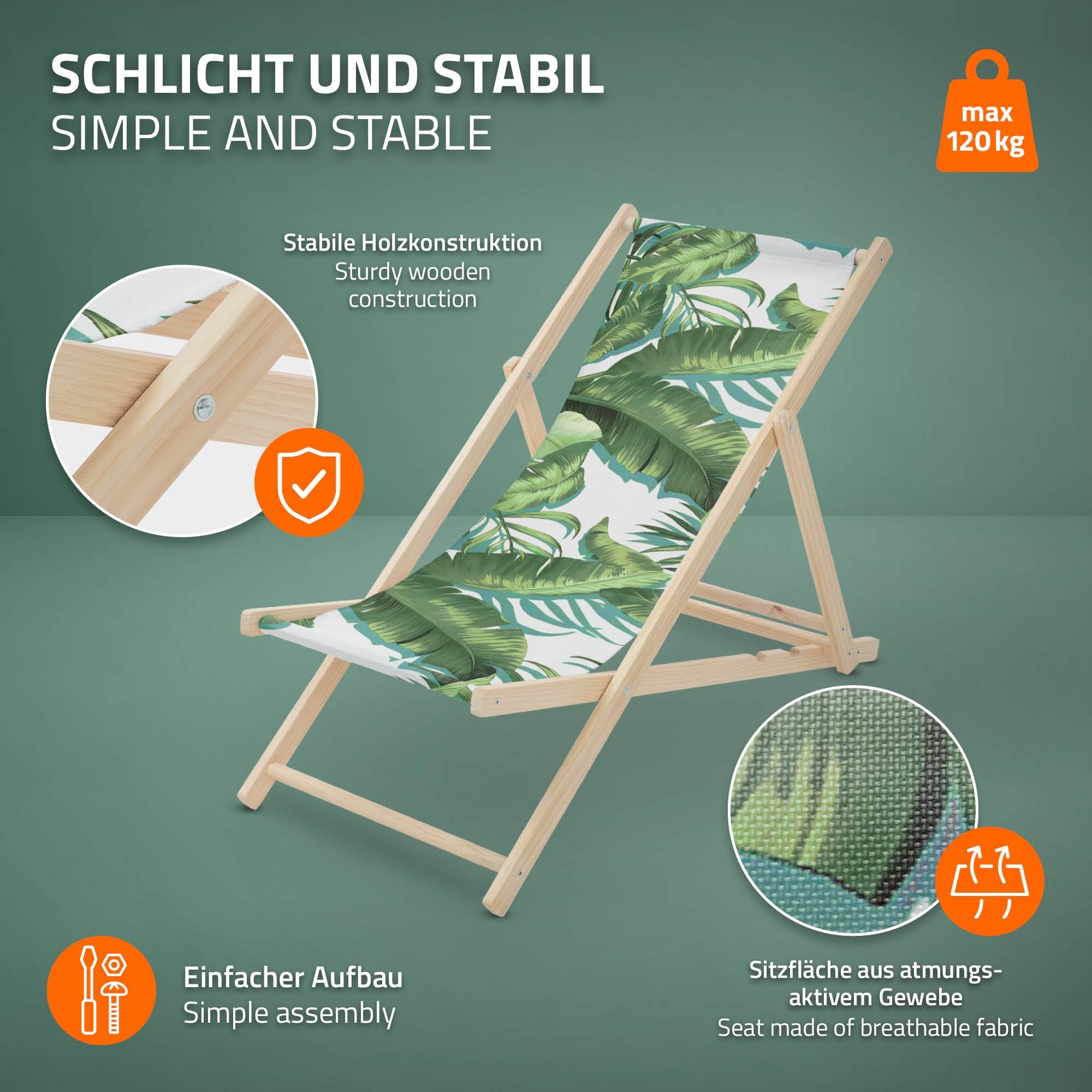 ECD Germany 2er Set Liegestuhl klappbar Tropical Grün-Weiß, aus Holz, Sonnenliege mit verstellbarer Rückenlehne, Strandliege bis 120 kg, Gartenliege, Strandstuhl, Relaxliege für Garten Balkon Terrasse
