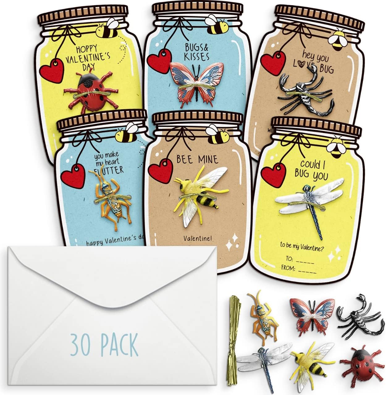 Kids Valentines Day Cards with Cute Love Bug Toys, 30 Pack, Funny School Classroom Party Favors for Girls and Boys, Unique Valentine Card for Kids with Fun Sayings, Bulk