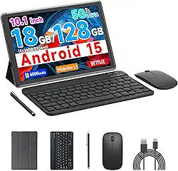 COOPERS Tablet Android 15, tablet de 10 polegadas, 18 GB de RAM + 128 GB de ROM 2 TB expansível, processador quad-core de 2,0 GHz, WiFi 5G 6 BT5.0, câmeras duplas, tablets 2 em 1 com capa de teclado