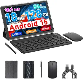 COOPERS Tablet Android 15, tablet de 10 polegadas, 18 GB de RAM + 128 GB de ROM 2 TB expansível, processador quad-core de 2,0 GHz, WiFi 5G 6 BT5.0, câmeras duplas, tablets 2 em 1 com capa de teclado