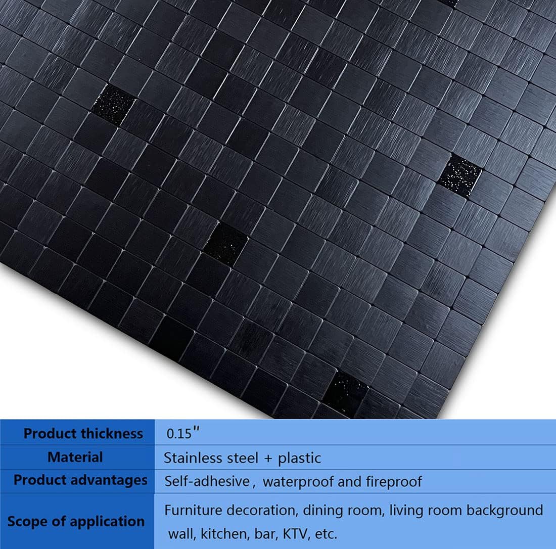 XUANINY 10-Piece Self-Adhesive Metal Backsplash, Peel and Stick Tile for Kitchen Brushed Aluminium Surface backsplash (11.73"x11.73",10) (Black Brushed)