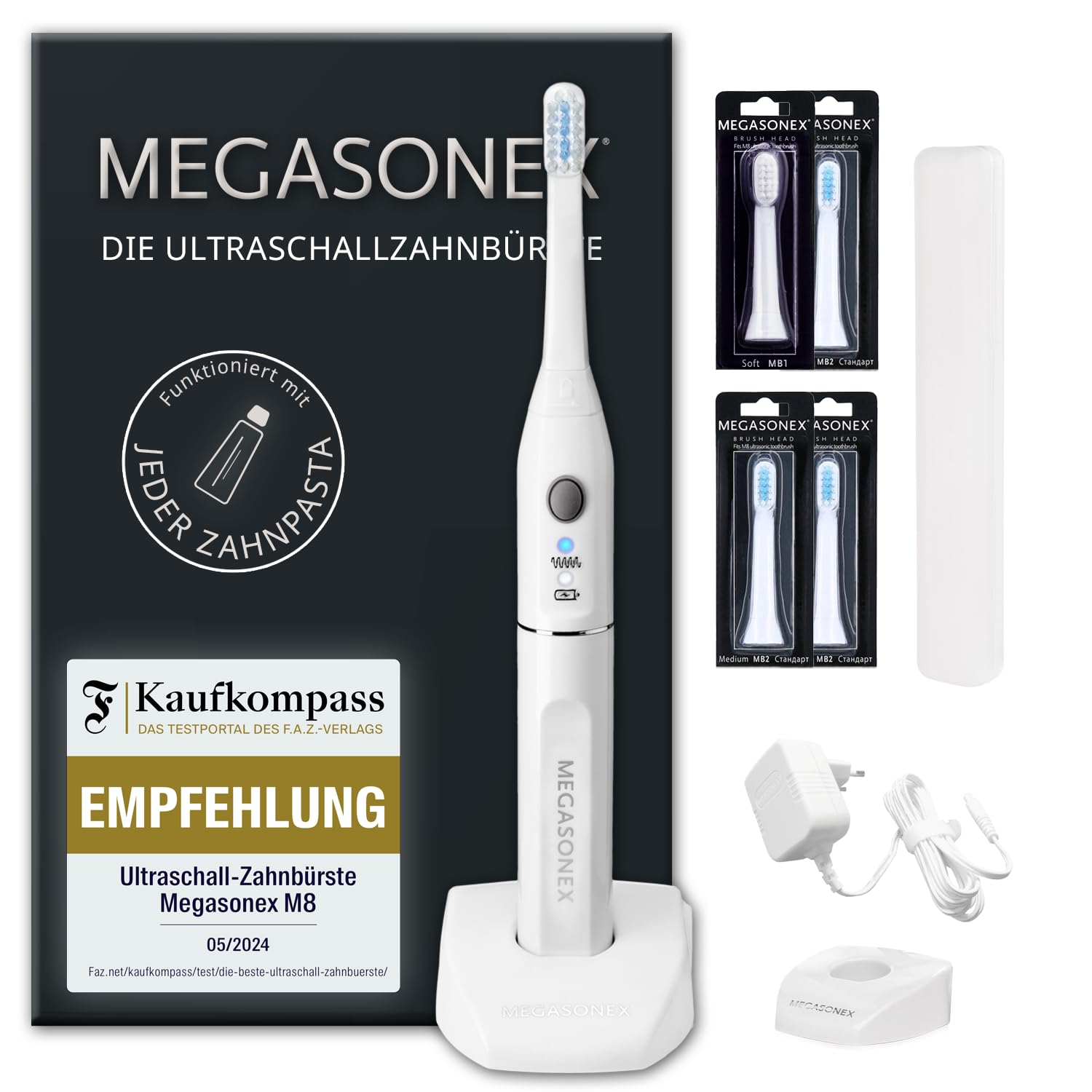 MEGASONEX Cepillo de dientes ultrasónico M8, con 2 niveles de vibración, cepillo de dientes blanco con 2 cabezales medianos