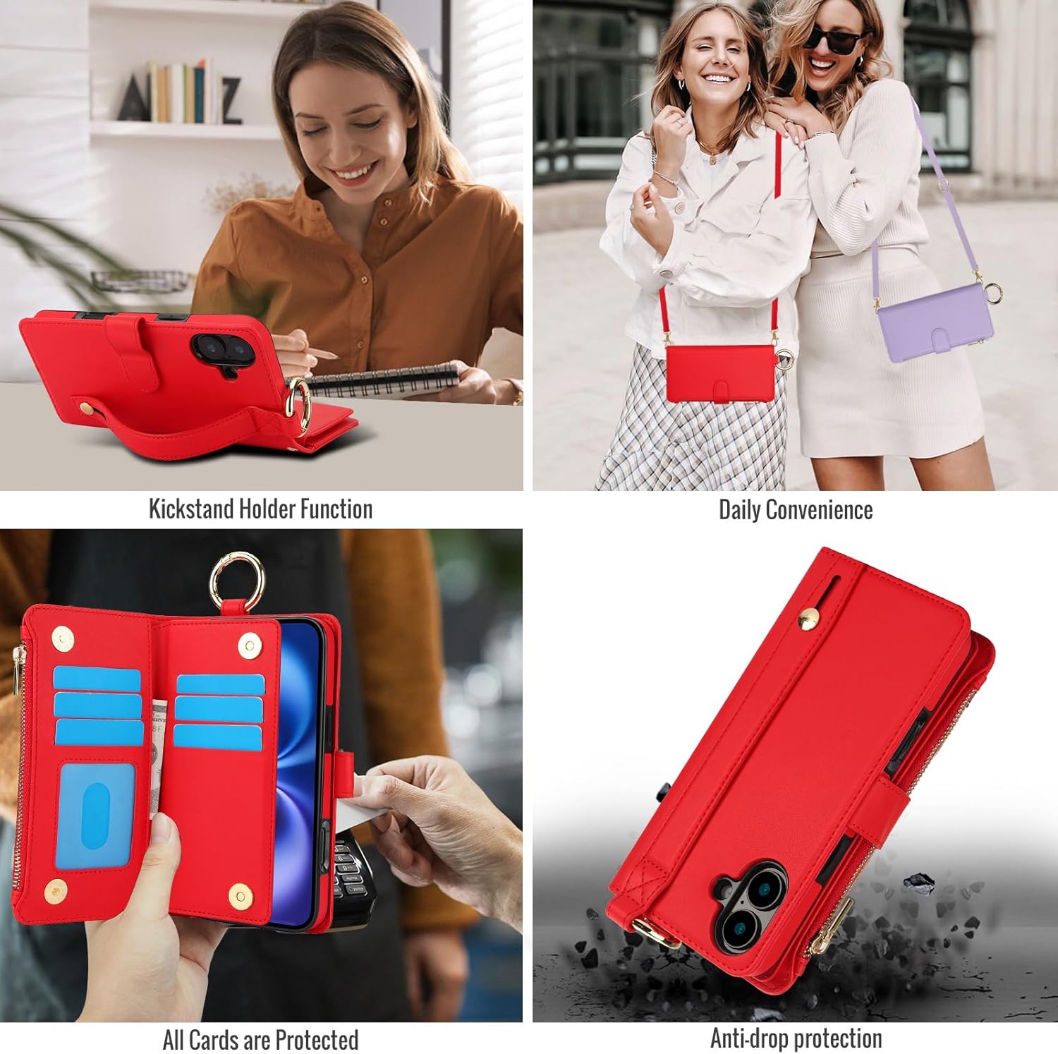 Asuwish Phone Case for iPhone 16 Zipper Wallet with Tempered Glass Screen Protector Crossbody Strap Card Holder RFID Blocking Stand Flip Cell Cover iPhone16 5G i i-Phone i16 16Case Women Girls Red