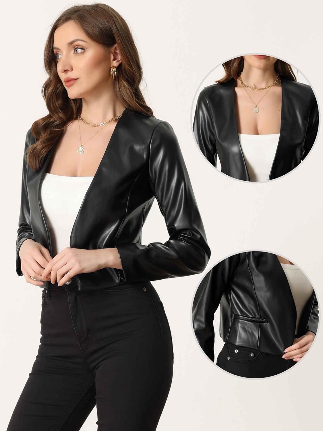 Allegra K Faux Leather Jacket for Women's Collarless Open Front Crop PU Moto Biker Jackets - Image 2