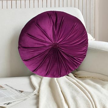 Velvet Round Throw Pillows for Bed Couch Plush Circle Decorative Pillow with Pleated Button Purple Cover Vintage Floor Pillow for Living Room,Bedroom,Dorm,Office13.8 * 13.8"