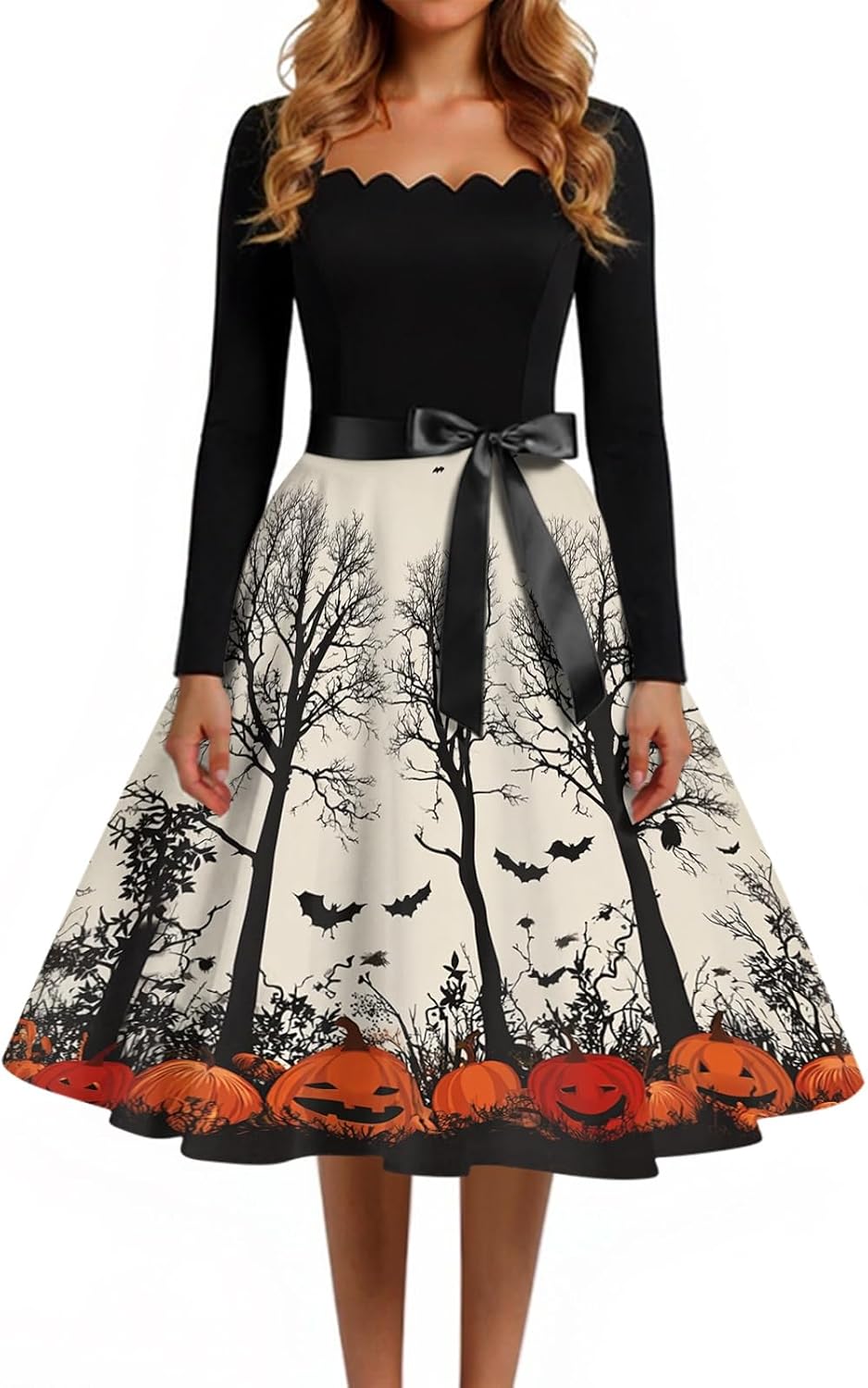 Womens 1950s Retro Vintage Halloween Swing Dress Long Sleeve Square Neck