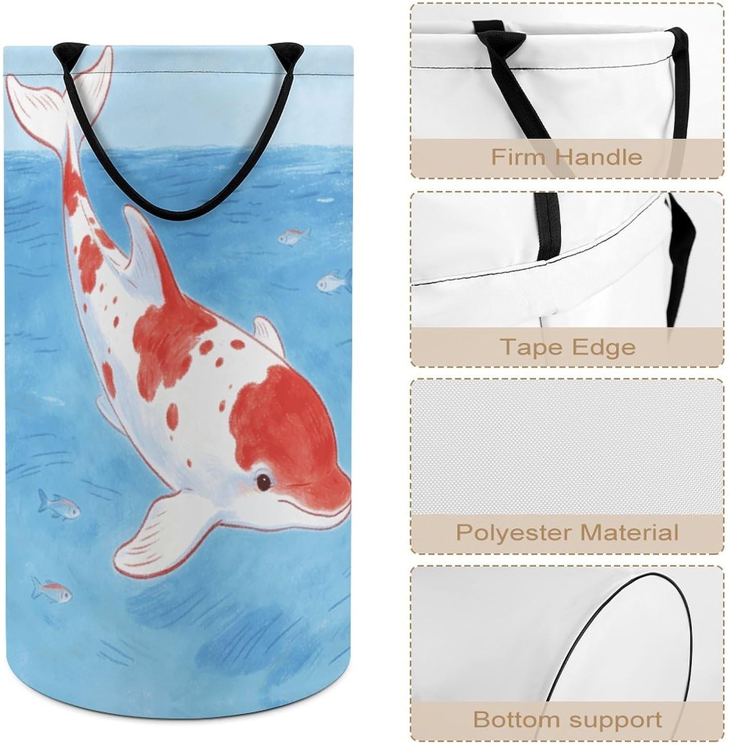 Red And White Dolphins Laundry Hamper with Handles Waterproof Collapsible Laundry Basket Large Lightweight Round Dirty Clothes Hamper for Home Dorm Bathroom Decor