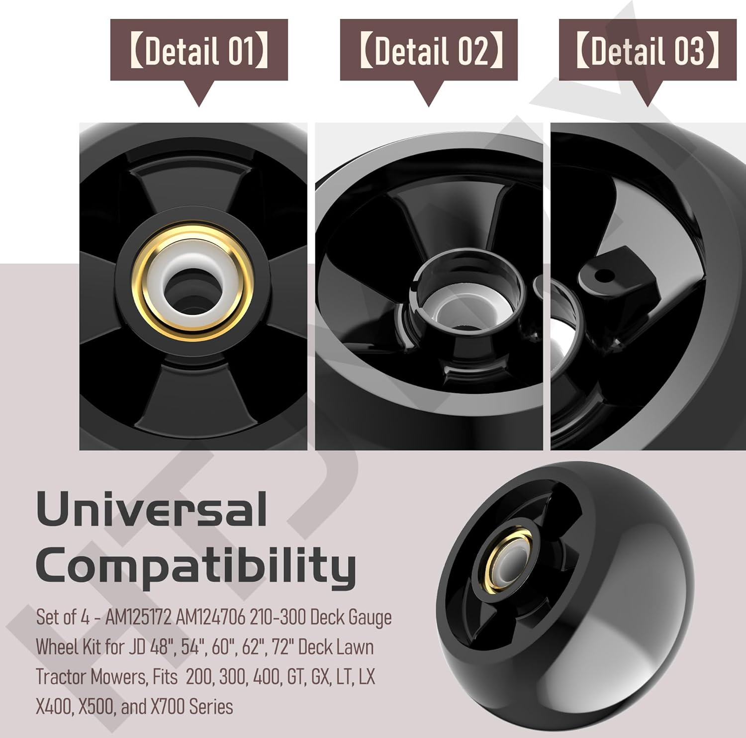 4 Pack AM125172 Lawn Mower Deck Wheels Kit for Jo-hn Deere AM125172 AM124706 M111489 Compatible with 48 54 60 62 72 Inch Deck Tractor Mower Parts Anti Scalp Gauge Wheel with Bolts