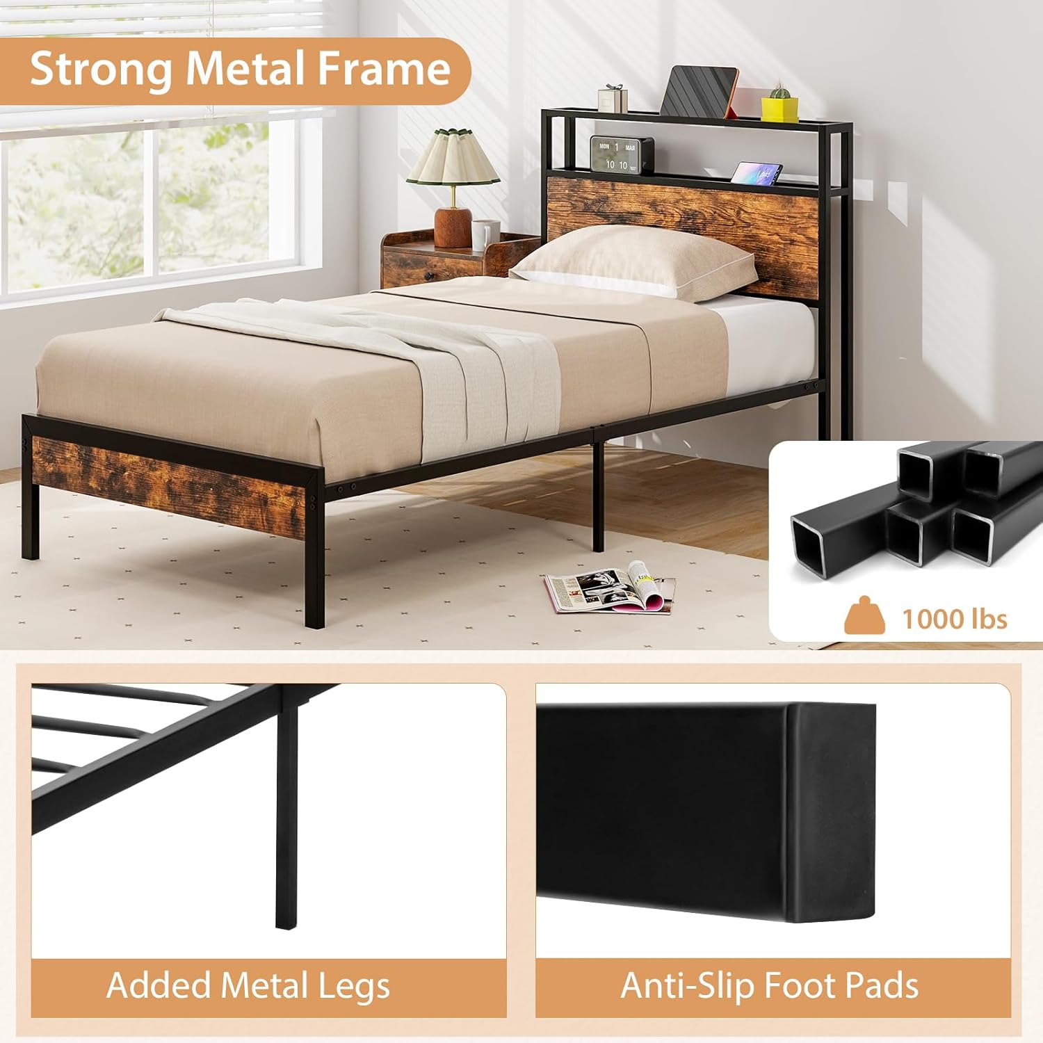 Giantex Twin Bed Frames for Kids, Industrial Metal Platform Bed with 2-Tier Storage Headboard and Charging Station, Heavy Duty Metal Support Mattress Foundation, Noise Free, Rustic Brown
