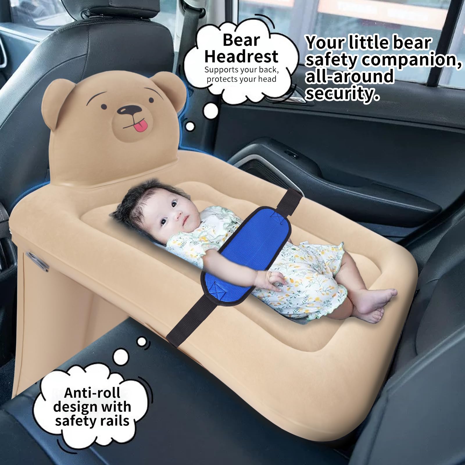 Inflatable Toddler Airplane Bed, Exxbdz Cartoon Bear-Themed Flyaway Kids Bed, Airplane Mattress Designed for Babies, Blow-Up Bed for Kids Featuring Safety Belt