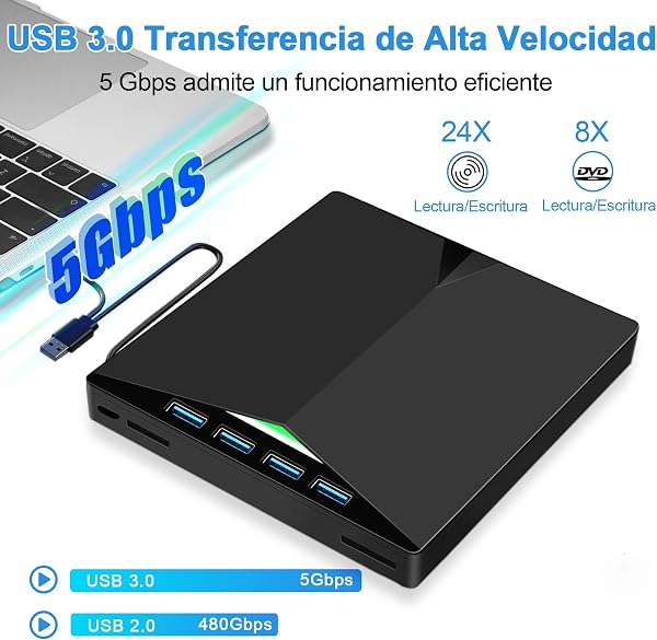 Lector CD Externo para PC, Superdelgado Grabadora DVD Externa Unidades USB 3.0 y USB-C Portátil -RW/ROM Estable para Laptop, Desktop, Windows XP/7/8/10/11/Vista/Linux/MacOS - 3