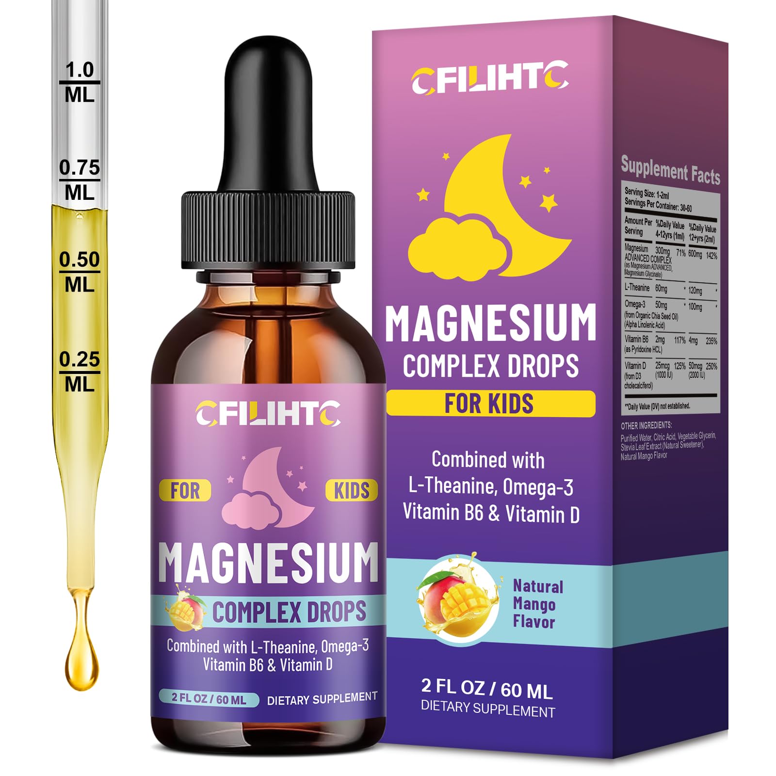 Kids Magnesium Liquid Drops-Magnesium Glycinate Liquid for Kids Supplement-w/L-theanine, Omega-3, Vitamin B6, D3 - for Sleep, Relaxation, Brain, Bones - Mango Flavor, 2 Fl Oz Mango 2 Fl Oz (Pack of 1)