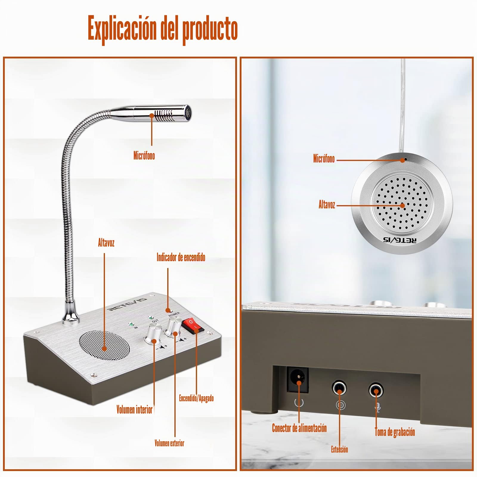 Retevis RT9908 Intercomunicador Ventanilla Sistema de Intercomunicación Ventana Dual Walkie Talkie Micrófono de Base 3W Micrófono Remoto para Mantener una Distancia Social Segura(Plata) | para Bancos, Hospitales, Tiendas, Oficinas, 3W Potencia, Micrófono