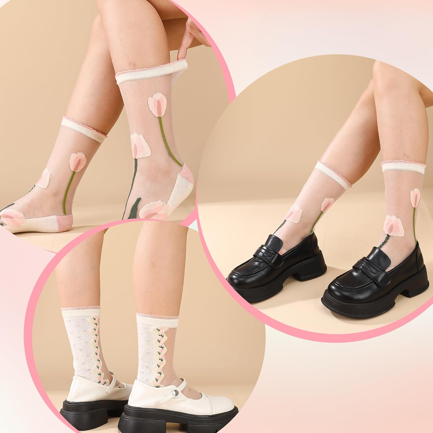 Jspupifip 5 Pairs Tulip Flowers Sheer Mesh Socks,Floral Thin Socks for Women Girl Gifts - Image 7