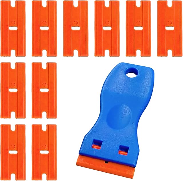 Plastic Razor Scraper Tool with 10 Plastic Razor Blades, Car Sticker Remover for Removing Glue Sticker Decals, Scraping Stickers, Labels and Decals from Glass, Windshields A3TMGD