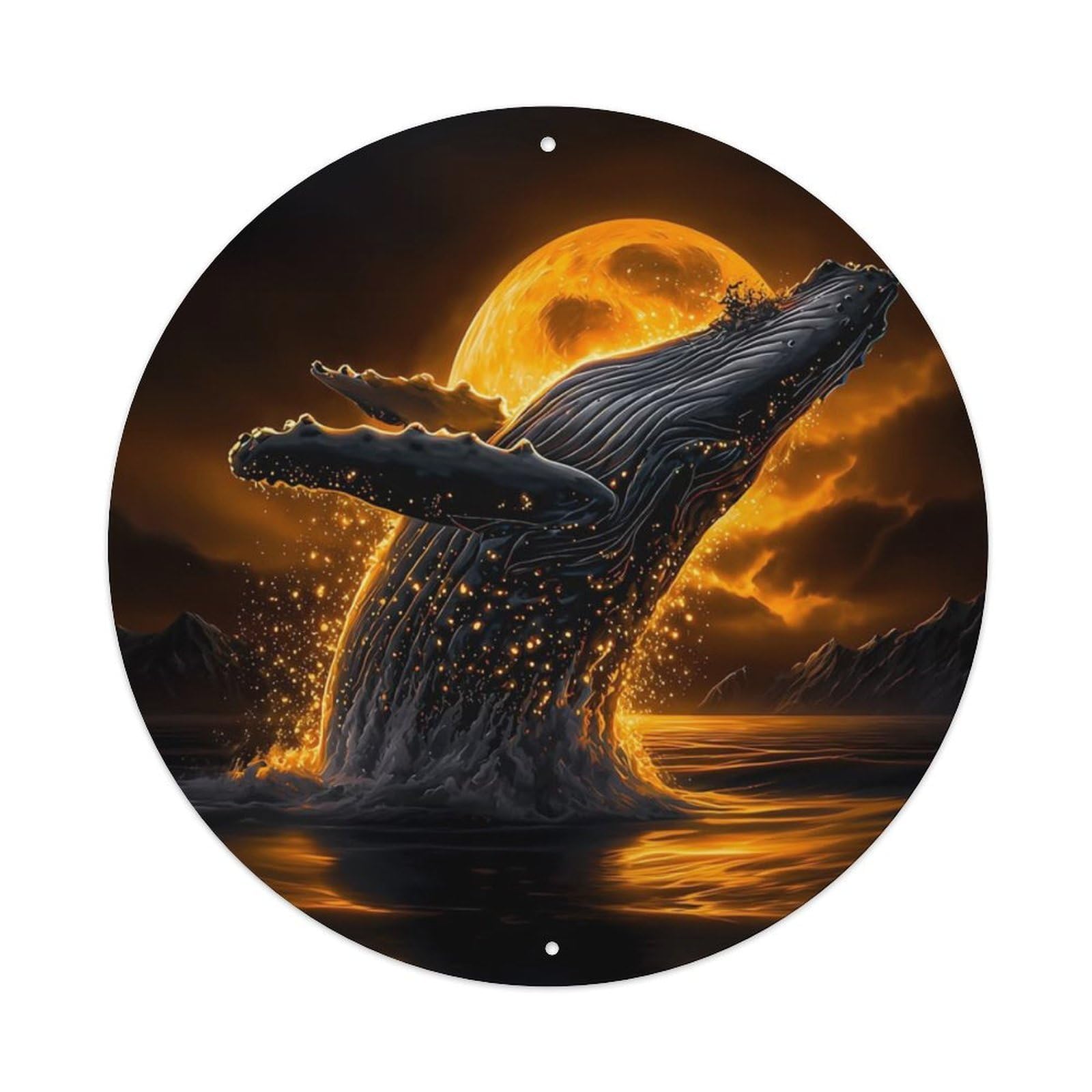 Marine Animals Humpback Whale Glowing Whale Breaching Fullmoon Night Golden Vintage Metal Tin Sign Plaque Wall Decor for Cafe, Club Bar, Office, Garden Metal Poster 8x8Inch