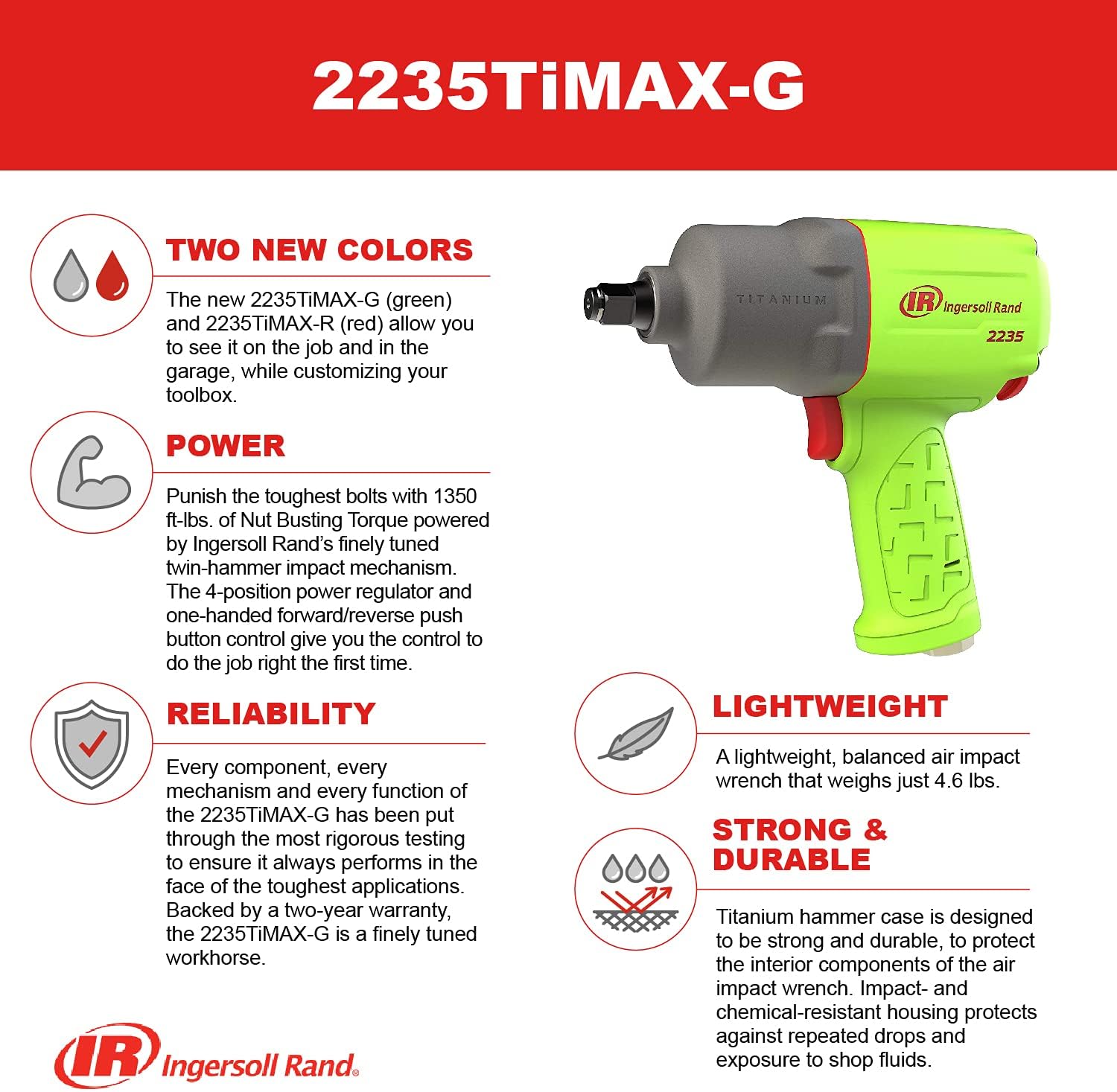 Buу 2 gеt 3 Ingersoll Rand 2235TiMAX-G 1/2” Drive Air Impact Wrench, Lightweight 4.6 lb Design, Powerful Torque Output Up to 1,350 ft/lbs, Titanium Hammer Case, Max Control, Hi-Visibility Red , Green