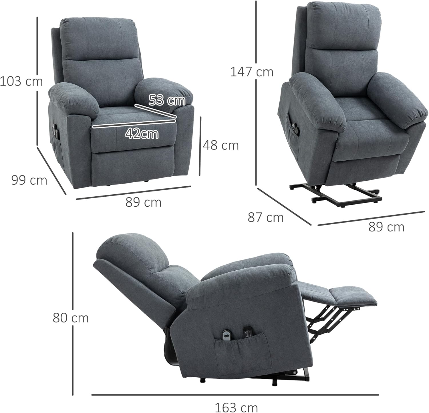 Primer pla view of the HOMCOM recliner chair showing the side pocket, retractable footrest, and steel base