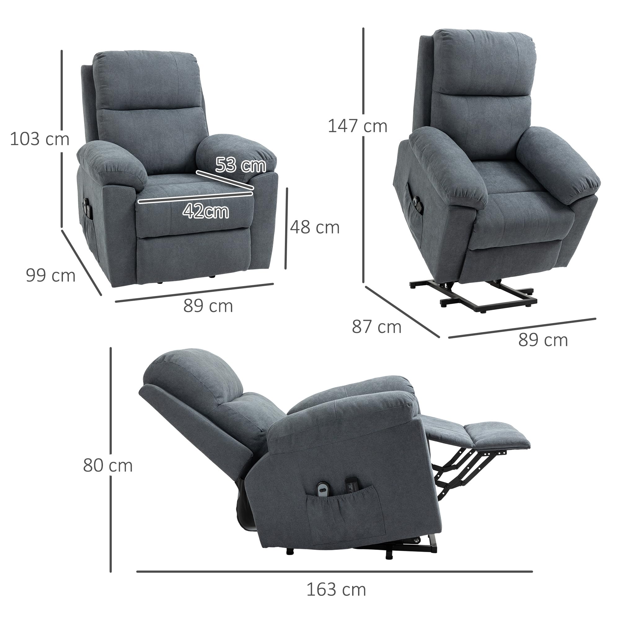 HOMCOM Poltrona Elettrica Alzapersona Reclinabile 135°, Poltrona Relax Elettrica in Tessuto Effetto Lino con 8 Punti Massaggio, Telecomandi, Poggiapiedi, 2 Tasche Laterali per Soggiorno, Grigio