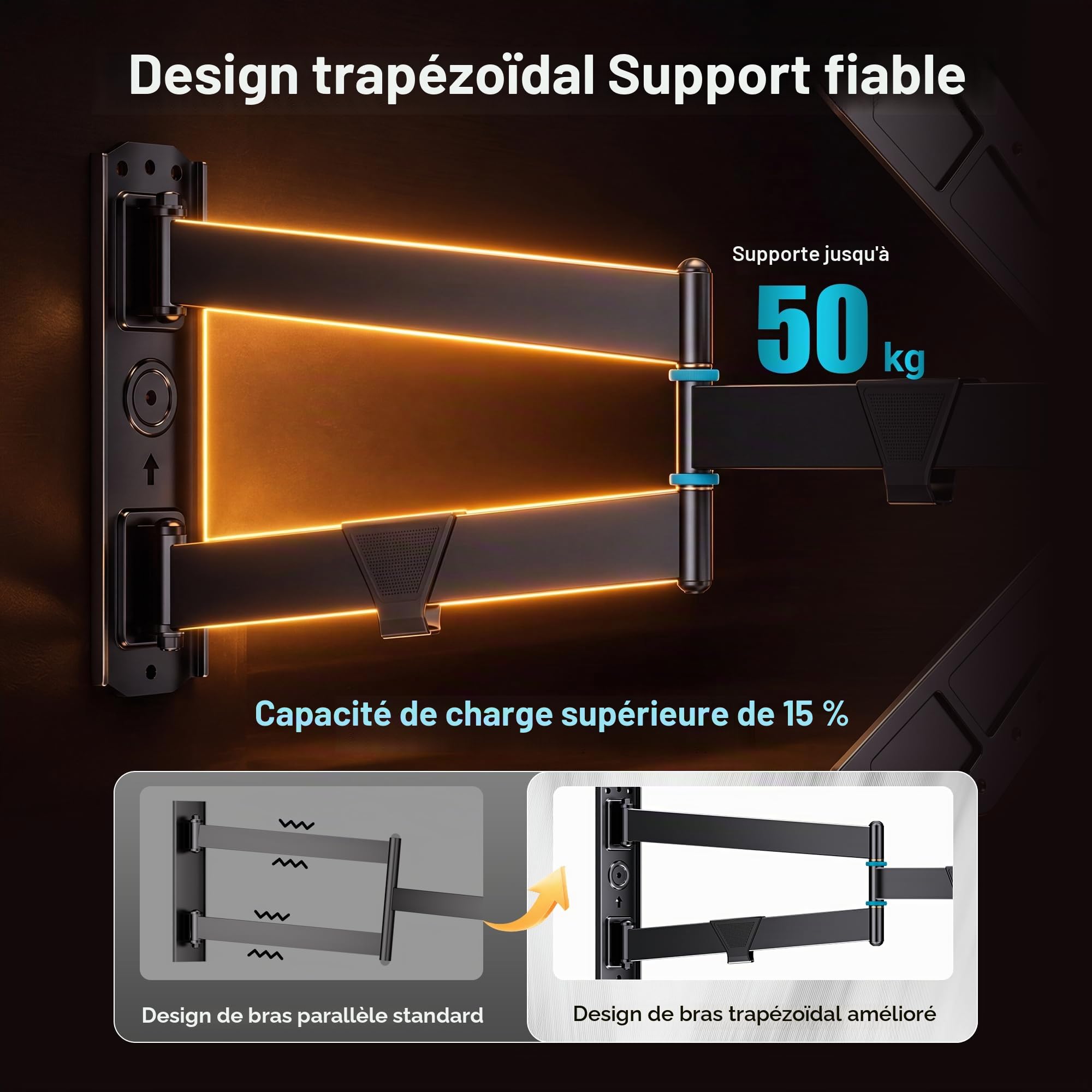 BONTEC Support Mural TV Articulé, 32-75 Pouces, Extension 838 mm | Charge maximale 50 kg, VESA 600x400, Inclinaison et pivotement, Rotation portrait et paysage, Montage en angle