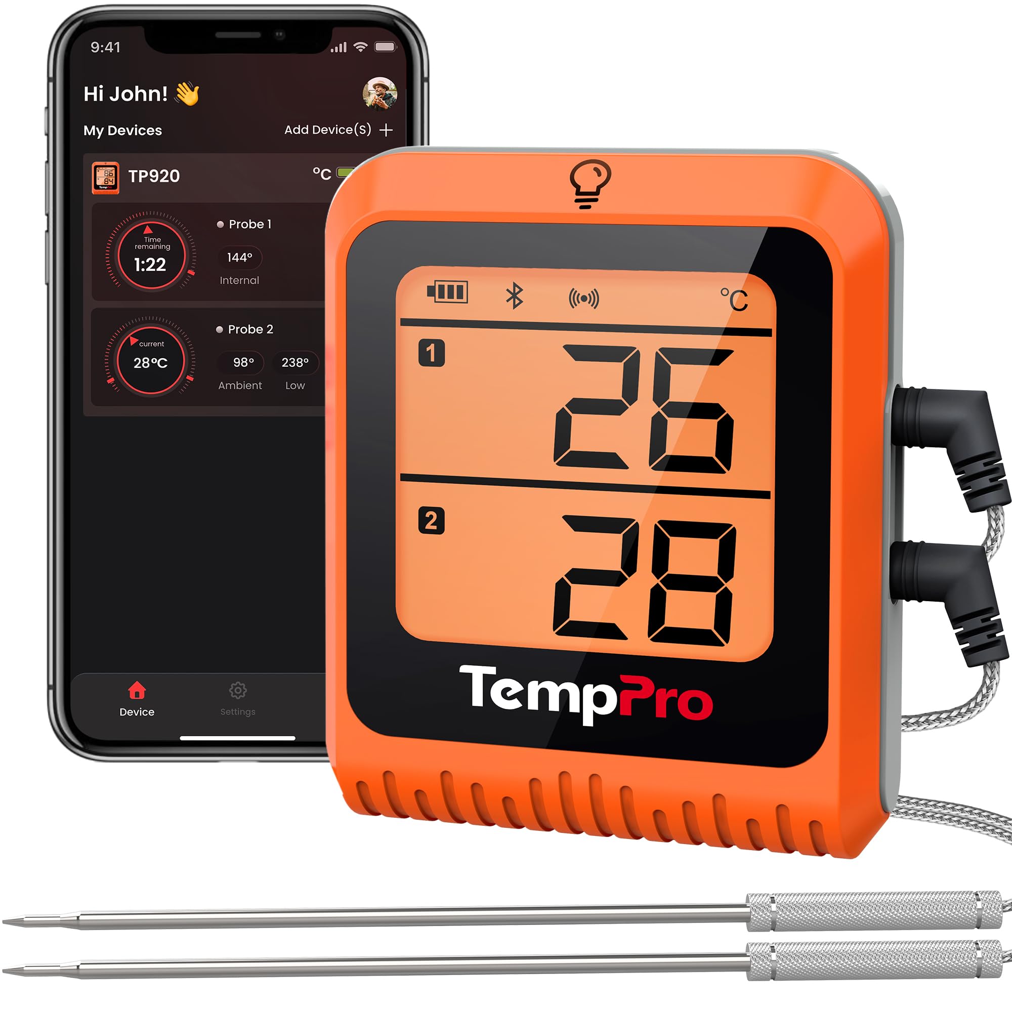 TempPro Fleischthermometer Bluetooth 20M mit 2 Sonden Bratenthermometer | Grillthermometer mit App & Alarm, USB Wiederaufladbar, Küchenthermometer für Ofen, Smoker, Grillen, Backen ( Ex-ThermoPro )