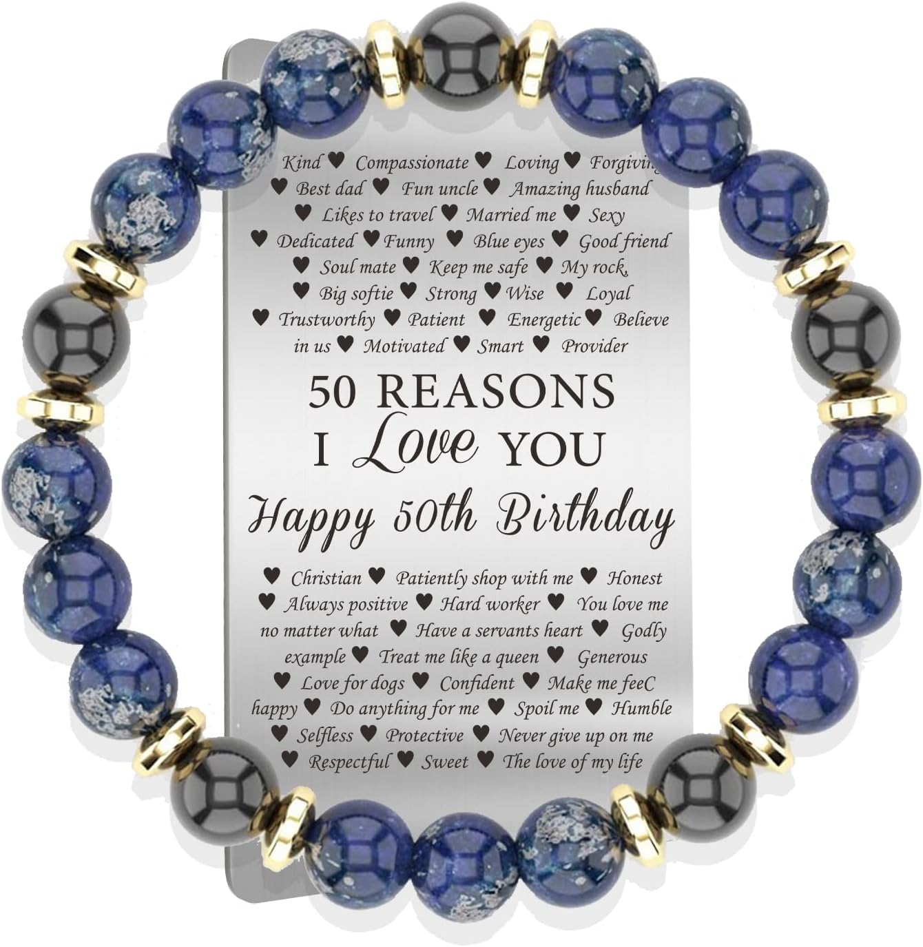 TAGOMEI 50th Birthday Gifts for Women - Lapis Lazuli Beads Bracelet - Milestone Beads Bracelet Made with Natural Blue Lapis Lazuli Stones Bracelet Jewelry Gifts with Engraved Wallet Card for Her