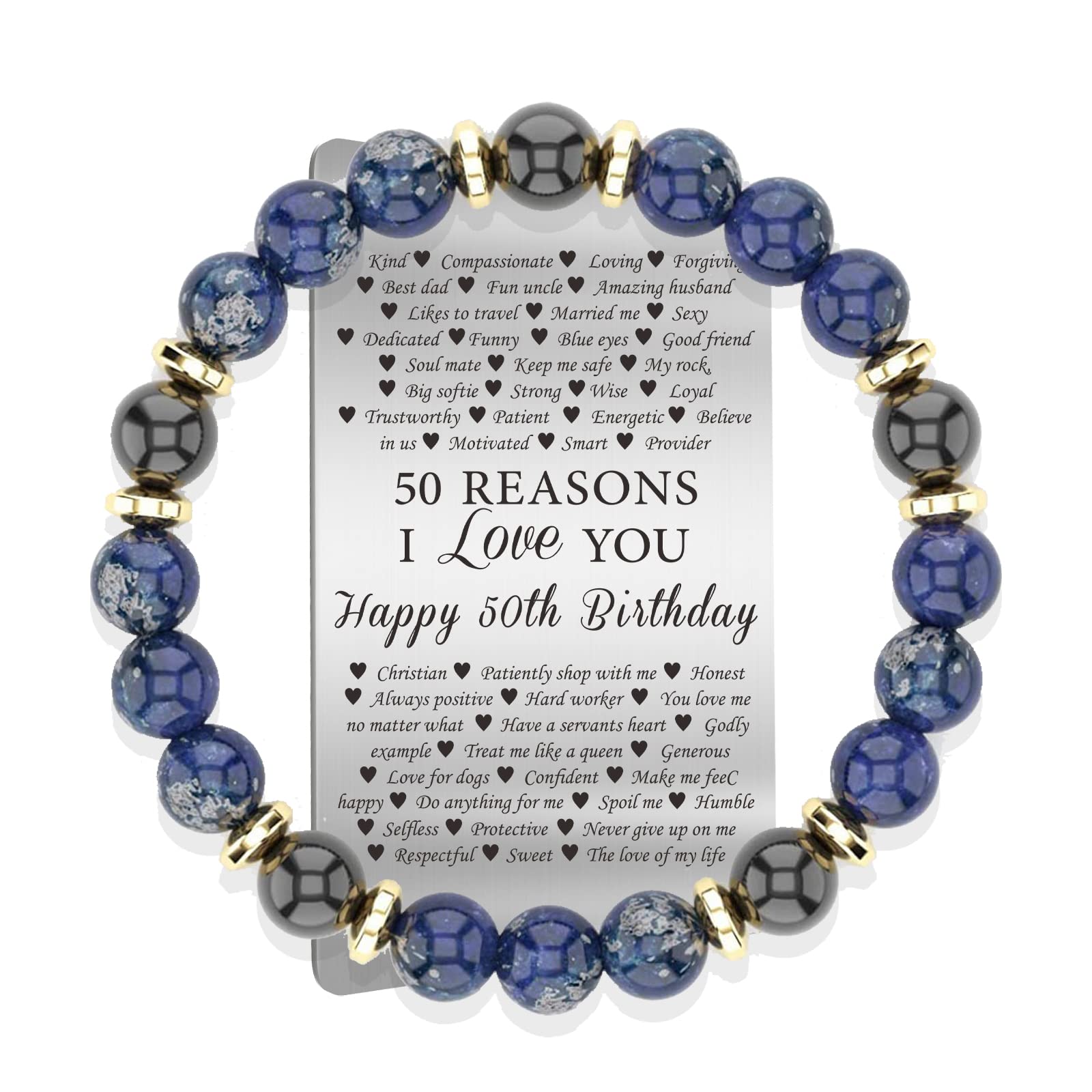TAGOMEI 50th Birthday Gifts for Women - Lapis Lazuli Beads Bracelet - Milestone Beads Bracelet Made with Natural Blue Lapis Lazuli Stones Bracelet Jewelry Gifts with Engraved Wallet Card for Her