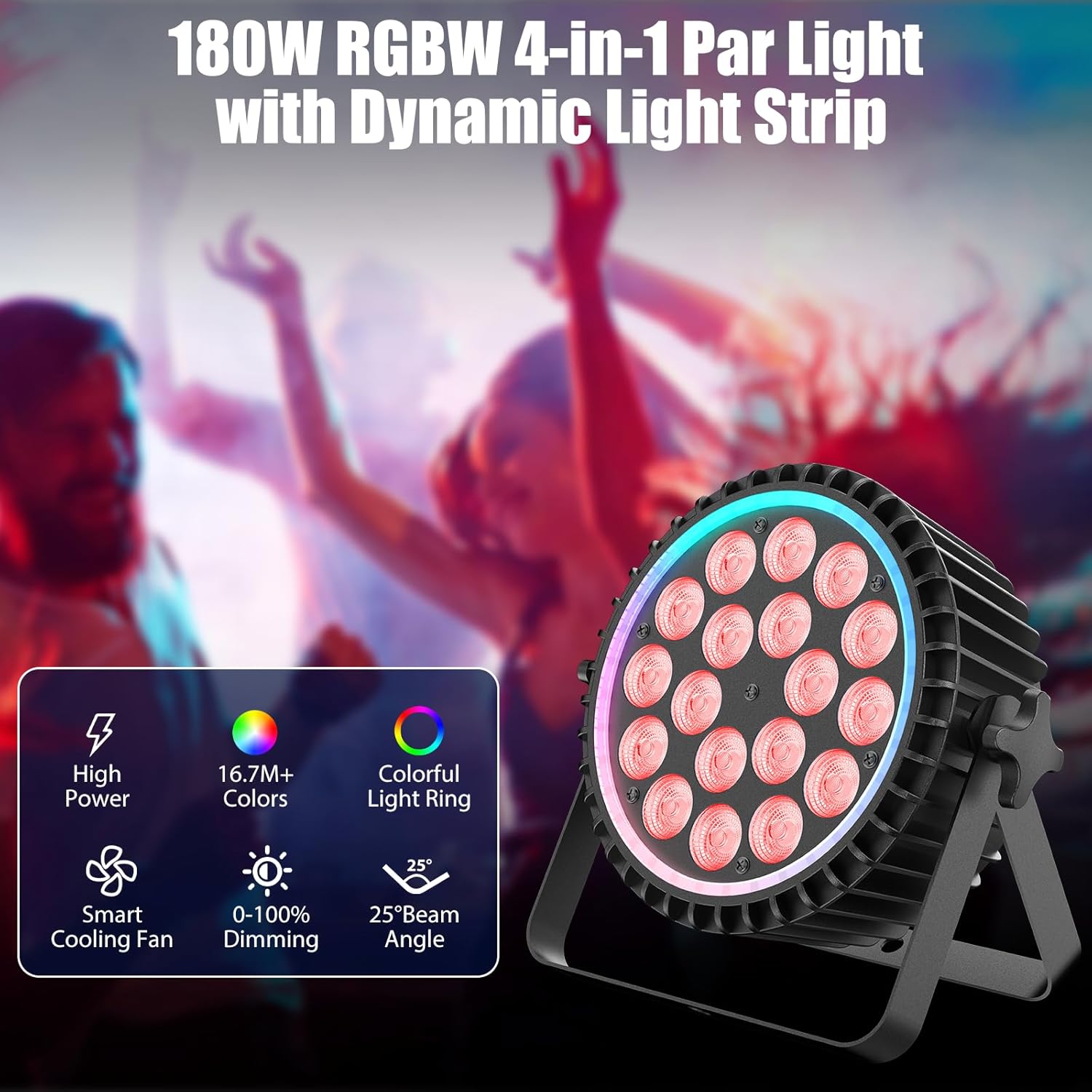 Diagram showing key features of the Rtktoup LED Par Light including high power, 16.7M+ colors, colorful light ring, smart cooling fan, 0-100% dimming, and 25 degree beam angle.