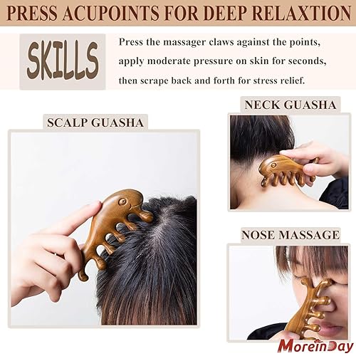 Vista 25 de Peine masajeador de cuero cabelludo de madera, peine de sándalo verde para el crecimiento del cabello, Gua Sha para mujeres y hombres