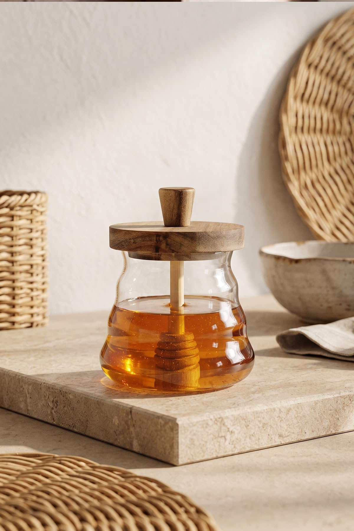 Honigglas 500 ml mit Holzdeckel und Honiglöffel – Borosilikatglas Honigbehälter – Transparenter Honigtopf für Honig, Sirup und Süßungsmittel