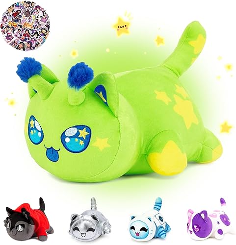Aplushuman 61 unidades Peluche de gato alienígena de 11 pulgadas + 60 calcomanías, colección Alien Invasion Cat Meemeows Peluche 100% bordado