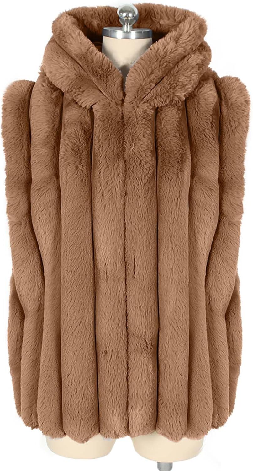 Womens Fuzzy Fleece Vest Fashion Hood Sleeveless Fluffy Faux Fur Jacket Coats Casual Soft Winter Warm Outerwear Vests