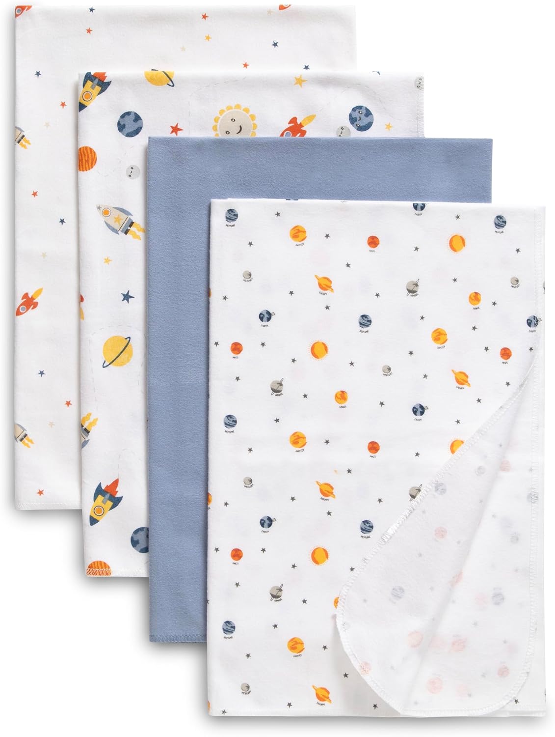 Delta Children 100% Cotton Flannel Baby Receiving Blankets for Girls and Boys – 30x30 Inches (Pack of 4), Space Exploration