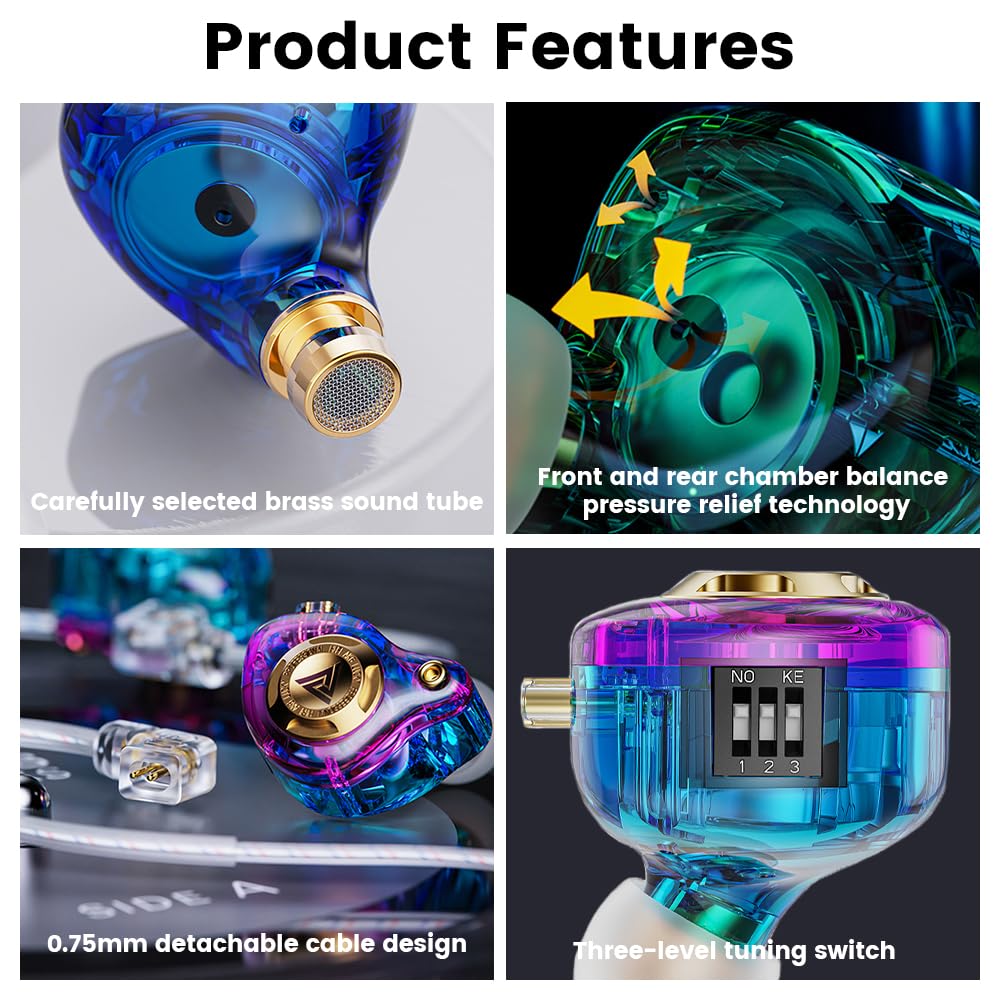Qkz Ak6 Lucky in Ear Monitor, przewodowe słuchawki HiFi, Tunable Dźwięk, przewodowe słuchawki douszne do gier z 3-stopniowym przełącznikiem regulacji, odłączany kabel do gier, połączeń wideo