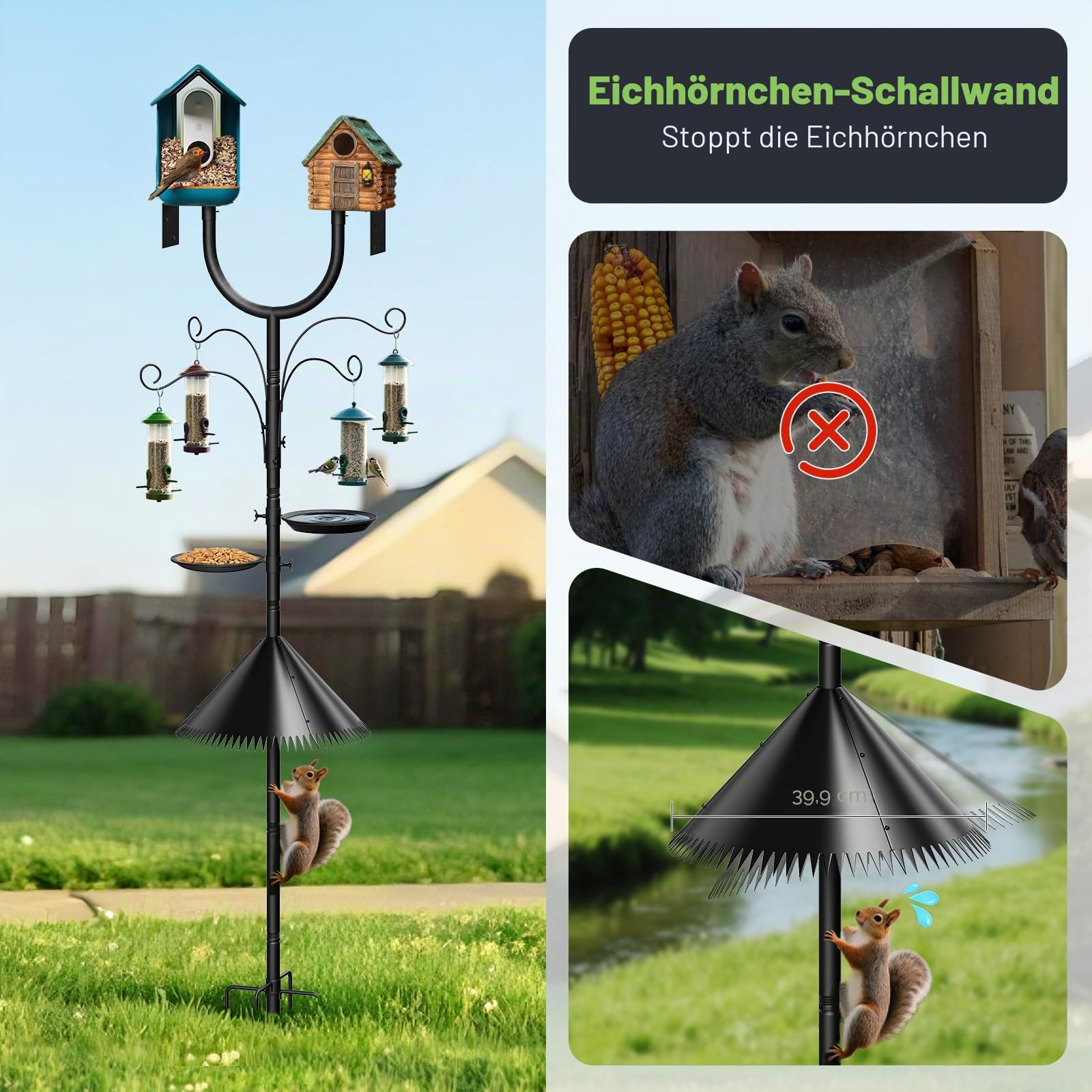 Vogelfütterungsstation Kit, Metall Vogelhausständer(Höhe einstellbar 98-250 cm) Eichhörnchenabweiser, Haken und Vogelbad Lockt Wildvögel an, Vogelfuttersäule für Garten-Dekoration (Ohne Vogelhaus)