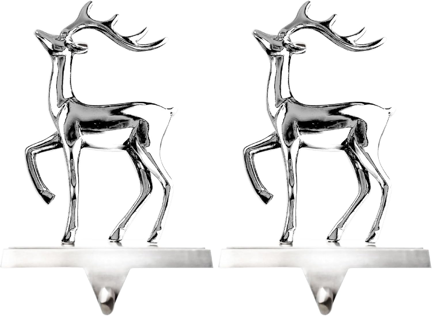 Klikel Stocking Holder Set of 2 - Christmas Reindeer Stocking Hanger for Mantel - Shiny Silver Metal Deer Christmas Stocking Holder for Fireplace Mantle - Heavy Stocking Holder for Mantle with Hook