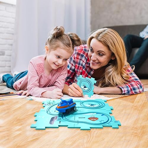 Miniatura 26 de Regalo de cumpleaños para niño de 4 años: set de pista de autos Puzzle Racer con mapa de carretera. Juguete de pista de autos y rompecabezas ideal