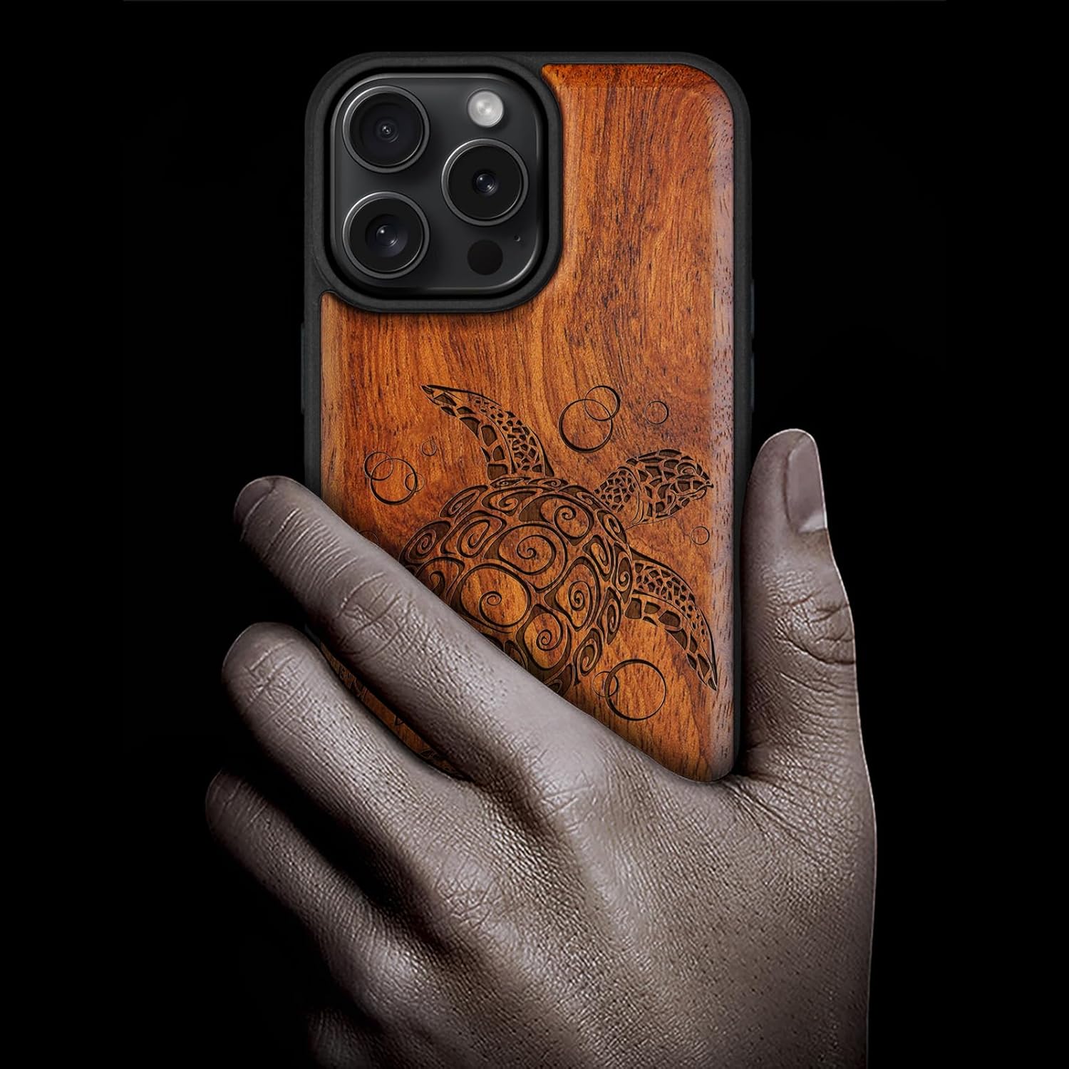 Carveit Magnetic Wooden Case for iPhone 16 Pro Max Case, Wood Artisan Engraved & Black Soft TPU Shockproof Cover, Compatible with MagSafe Wireless Chargers (Sea Turtle) Rosy