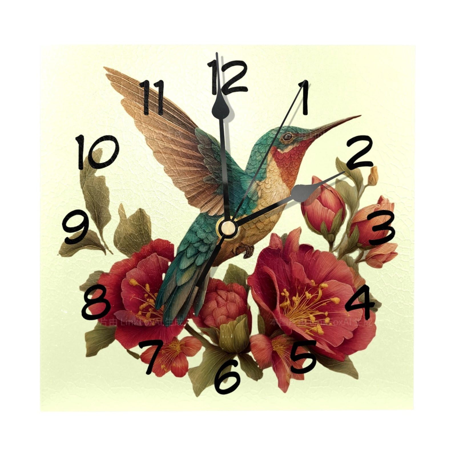 etoenbrc 8 Inch Square Wall Clock Silent Non-Ticking Flowers Hummingbird Yellow Clock Battery Operated, Wooden Clock Decorative for Kitchen, Living Room Bedroom Office
