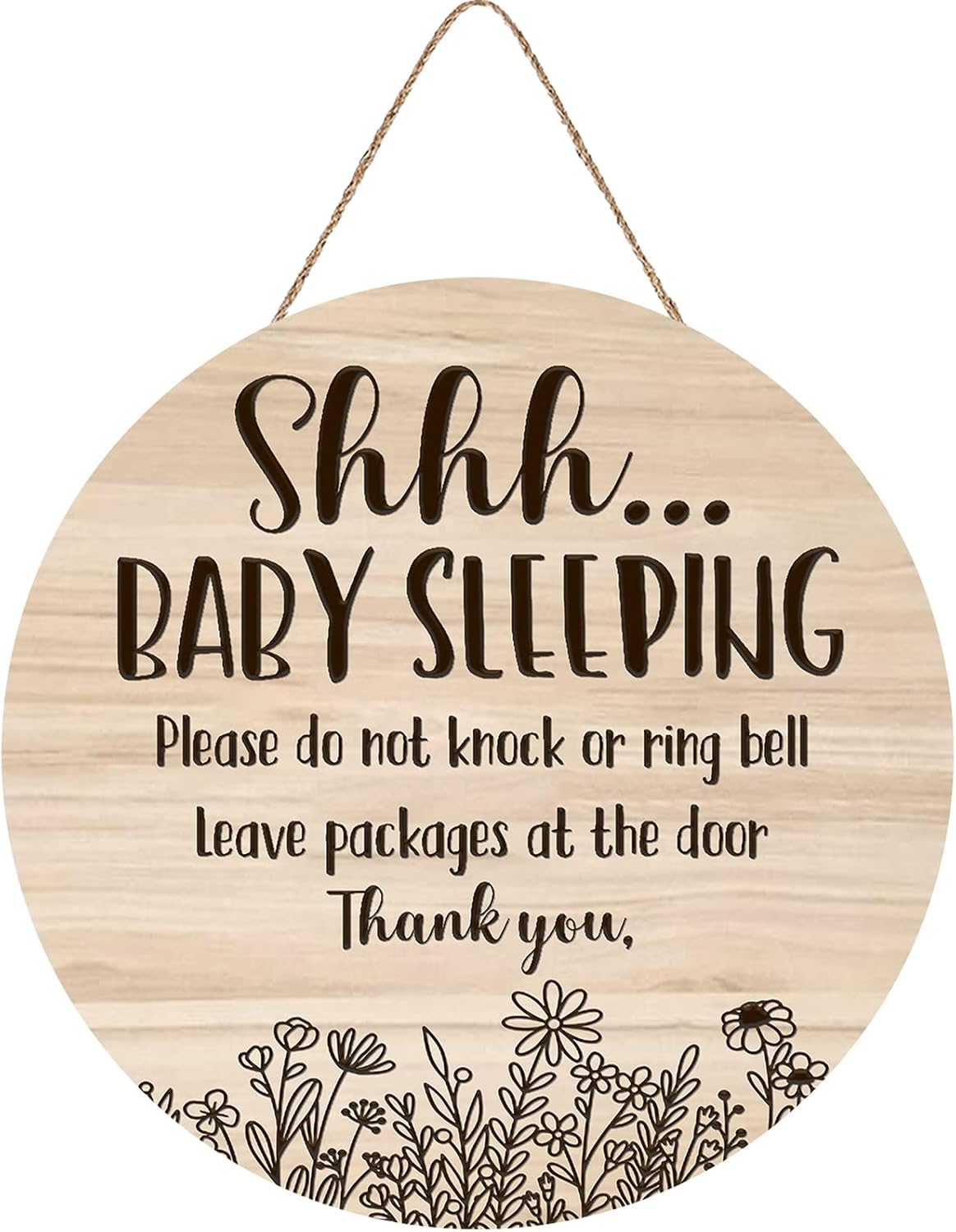 Fenarenes Shhh... Baby Sleeping Hanging Sign Plaque, Do Not Knock Or Ring The Bell, Round Sturdy Wooden Door Hanger for Baby Room, Nursery, Kindergarten, Bedroom, Door Knob Decor 12In