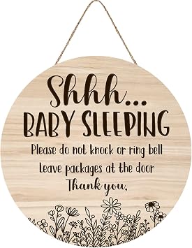 Fenarenes Shhh... Baby Sleeping Hanging Sign Plaque, Do Not Knock Or Ring The Bell, Round Sturdy Wooden Door Hanger for Baby Room, Nursery, Kindergarten, Bedroom, Door Knob Decor 12In