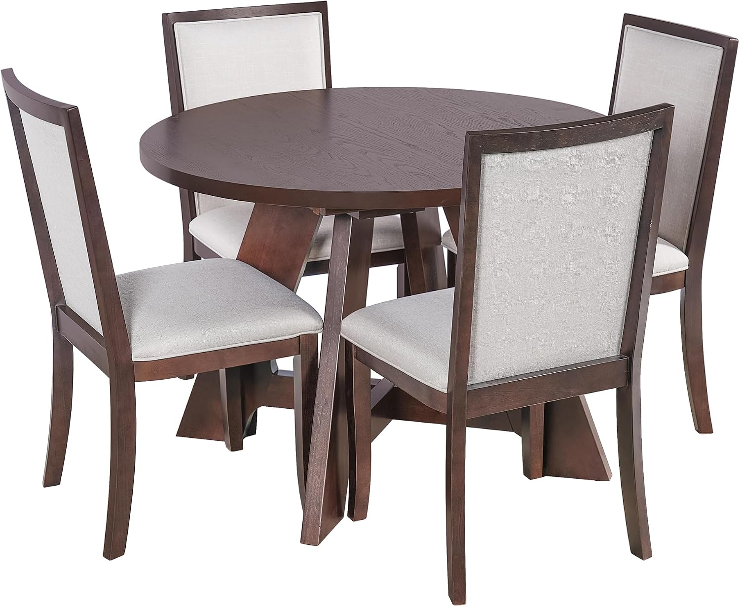 Merax Farmhouse 5-Piece Extendable Round Dining Table Set for 4, 42in-60in Expandable Kitchen Oval Table with Removable Leaf & 4 Upholstered Dinner Chairs for Small Spaces, Espresso+Light-Grey