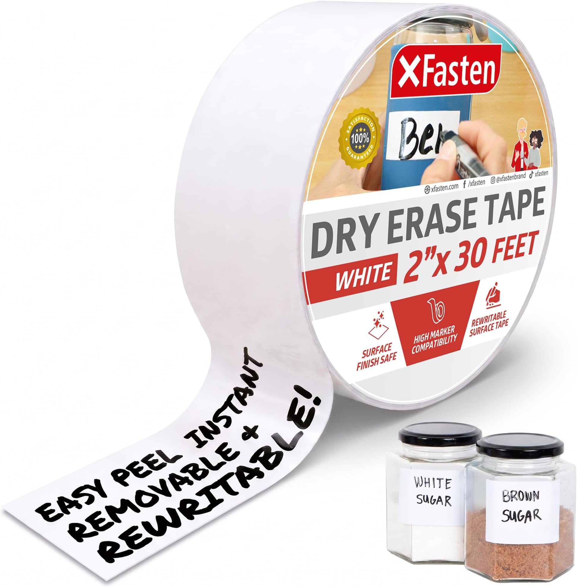 XFasten Dry Erase Tape White 2-Inch x 30-Feet Zero Smudging Ghosting-Free Whiteboard Tape, Reusable Dry Erase Labels for Storage Bins, Sentence Strips for Teachers