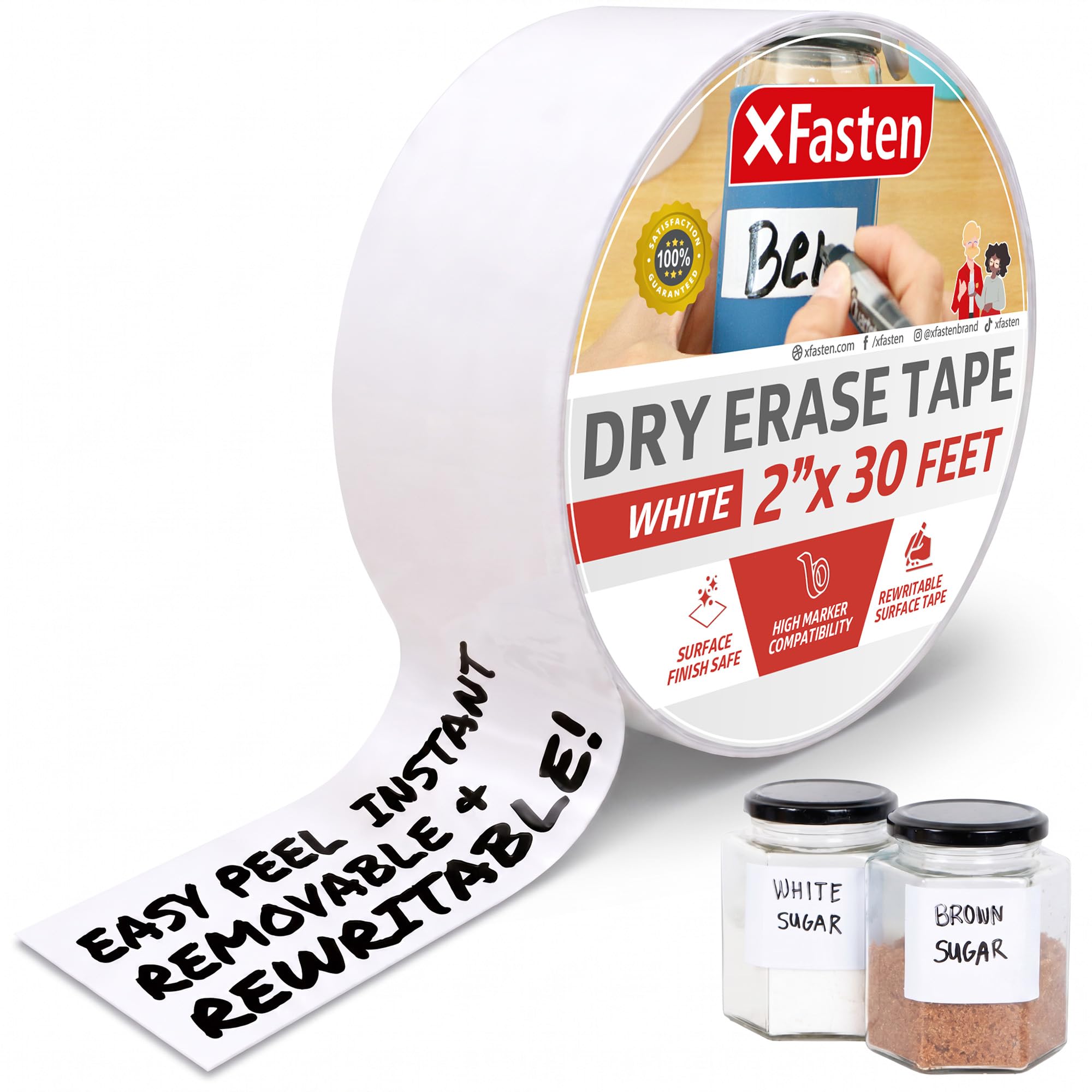 XFasten Whiteboard Dry Erase Tape, 2-Inch x 30-Foot (50.8mm x 9.14m), White, Smudge Free and Does Not Rub Off Unnecessarily White Marker Board Tape