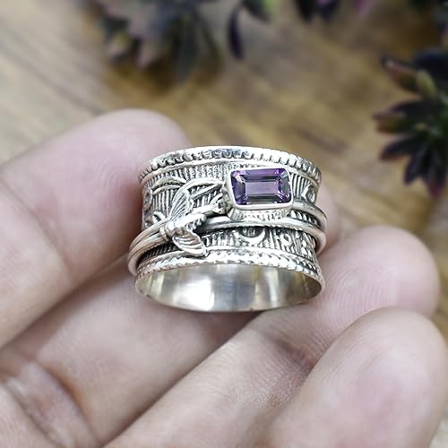 Miniatura 4 de Genuine Amethyst Spinner Ring Meditation Fidget Ring Sterling Silver Ring for Women Amethyst Ring Tibetan Ring Valentines day Gift (5.5)