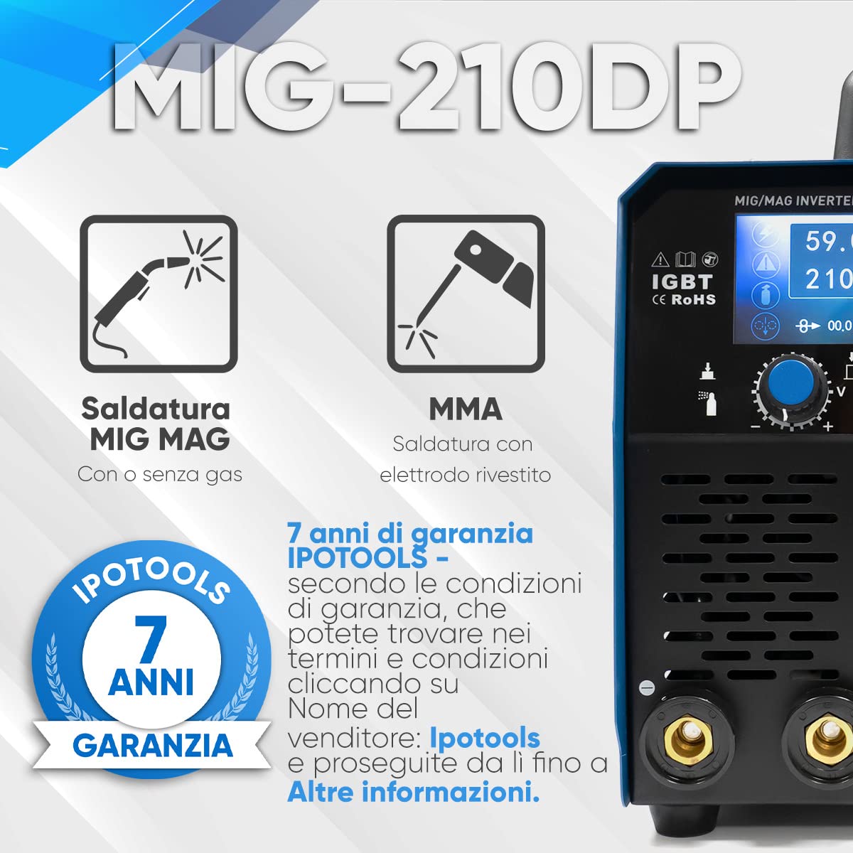 IPOTOOLS MIG-210DP Synergy Saldatrice MIG MAG a doppio impulso - Saldatrice MIG LCD con 210A 230V IGBT, elettrodi MMA Flux 3 in 1, saldatrice portatile, 7 anni di garanzia