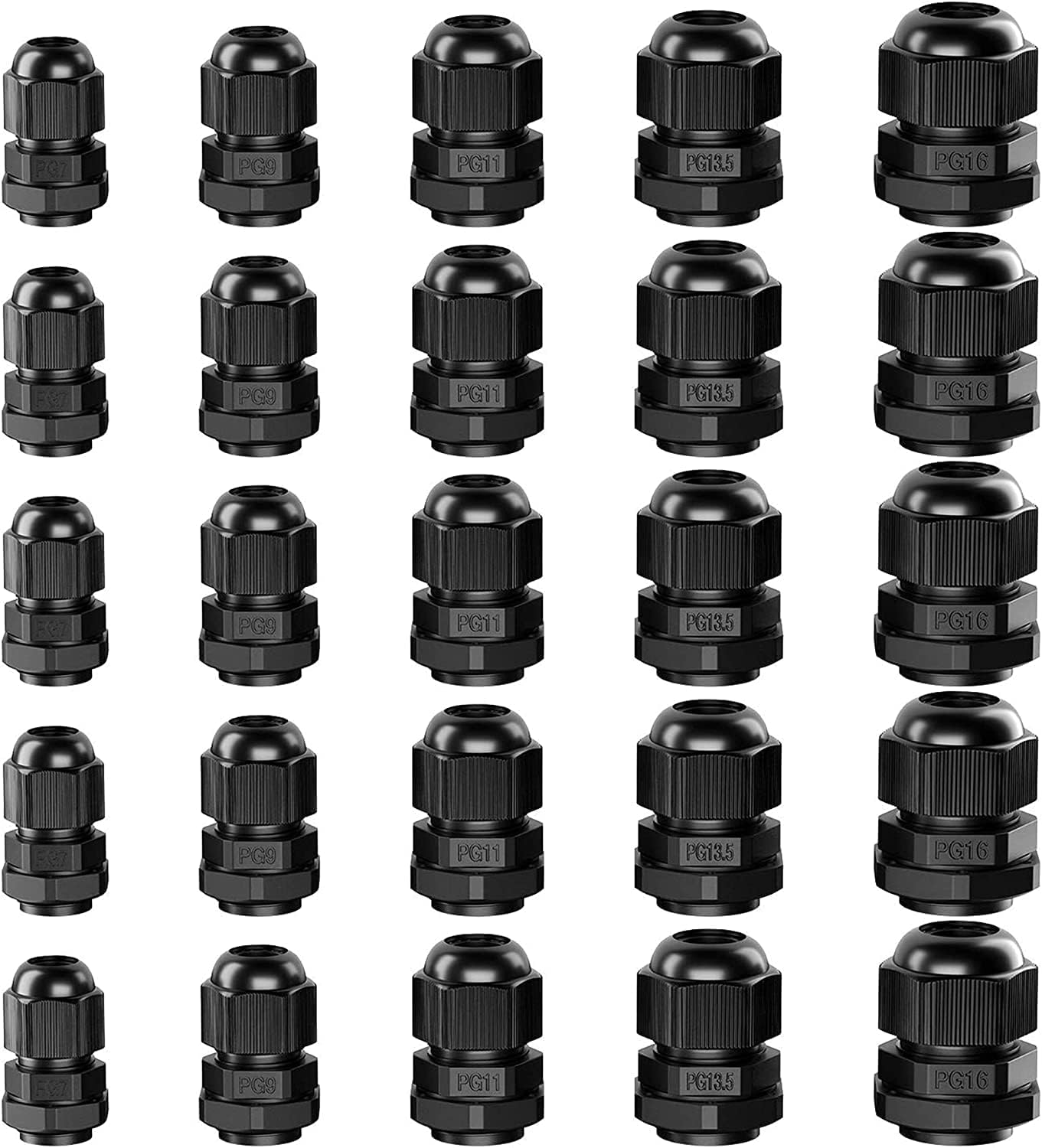 GiBot Cable Glands - 25 Pack Plastic Waterproof 3.5-13mm Cable Glands Joints Wire Protectors, PG 7/9/11/13.5/16, Black