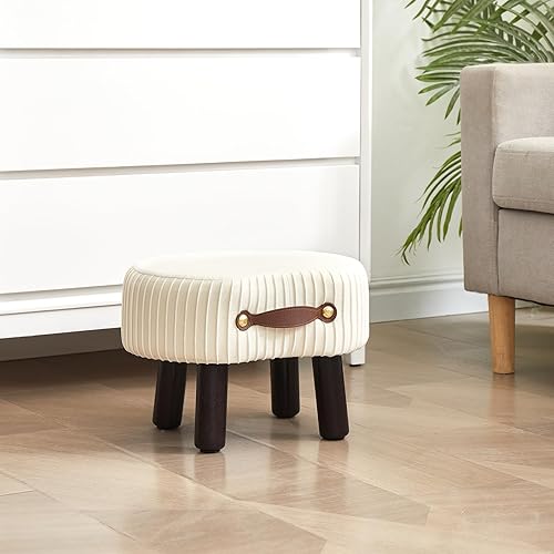 Miniatura 9 de Reposapiés pequeño con asa, reposapiés otomano de terciopelo con asiento acolchado, taburete curvado con patas de madera, reposapiés portátil para
